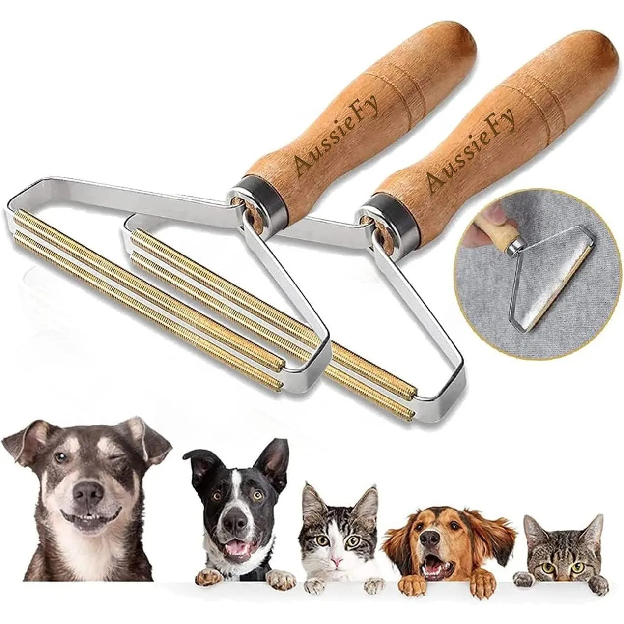 AussieFy Premium Pet Hair Remover, Lint Remover, Lint Shaver, Reusable Double Sided Lint Roller with Wooden Handle, Easy to Clean Pet Fur, Efficiently Removes Dog Hair & Cat Hair Dust in Carpets and Furniture (1, 2.2 cm)