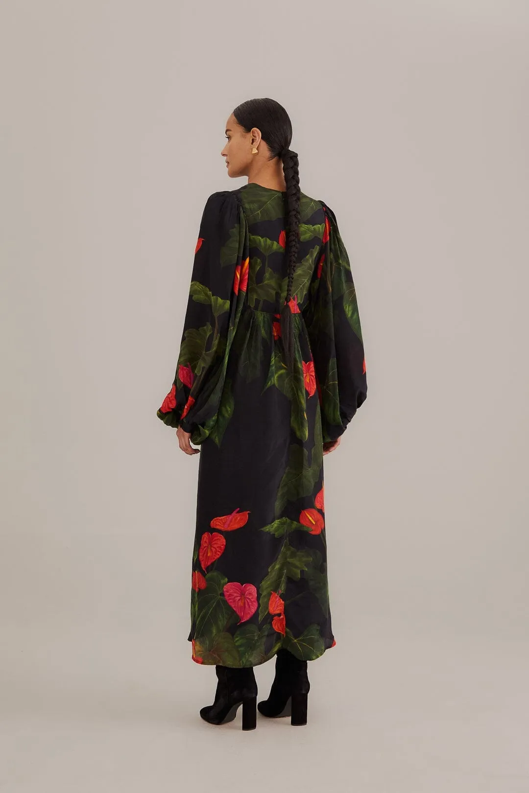 Black Anthurium V Neck Maxi Dress