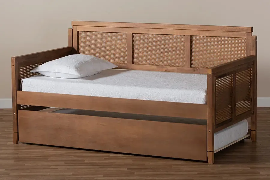 Peyton Vintage French Inspired Ash Wanut Finished Wood and Synthetic Rattan Daybed w/Trundle