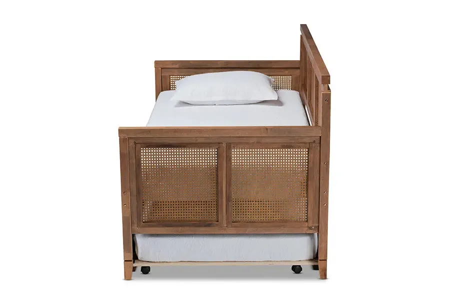 Peyton Vintage French Inspired Ash Wanut Finished Wood and Synthetic Rattan Daybed w/Trundle