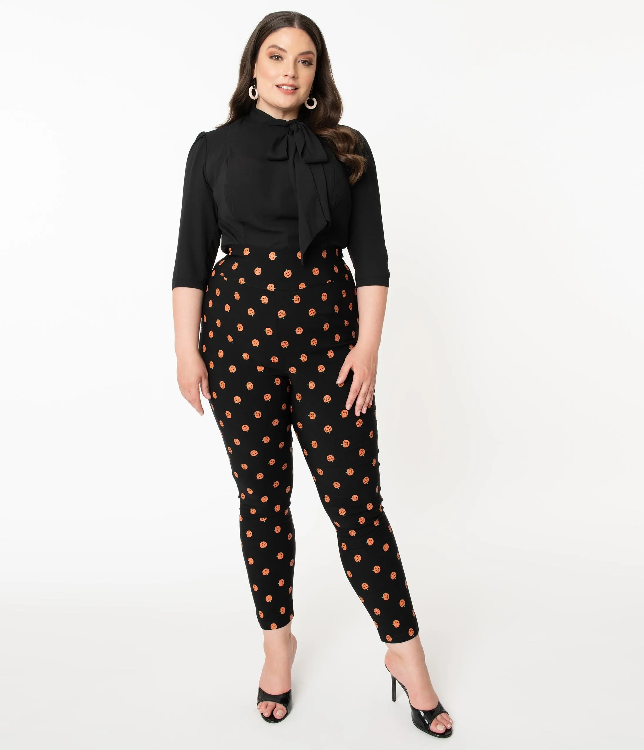 Unique Vintage Plus Size Black & Orange Pumpkin Patch Rizzo Cigarette Pants