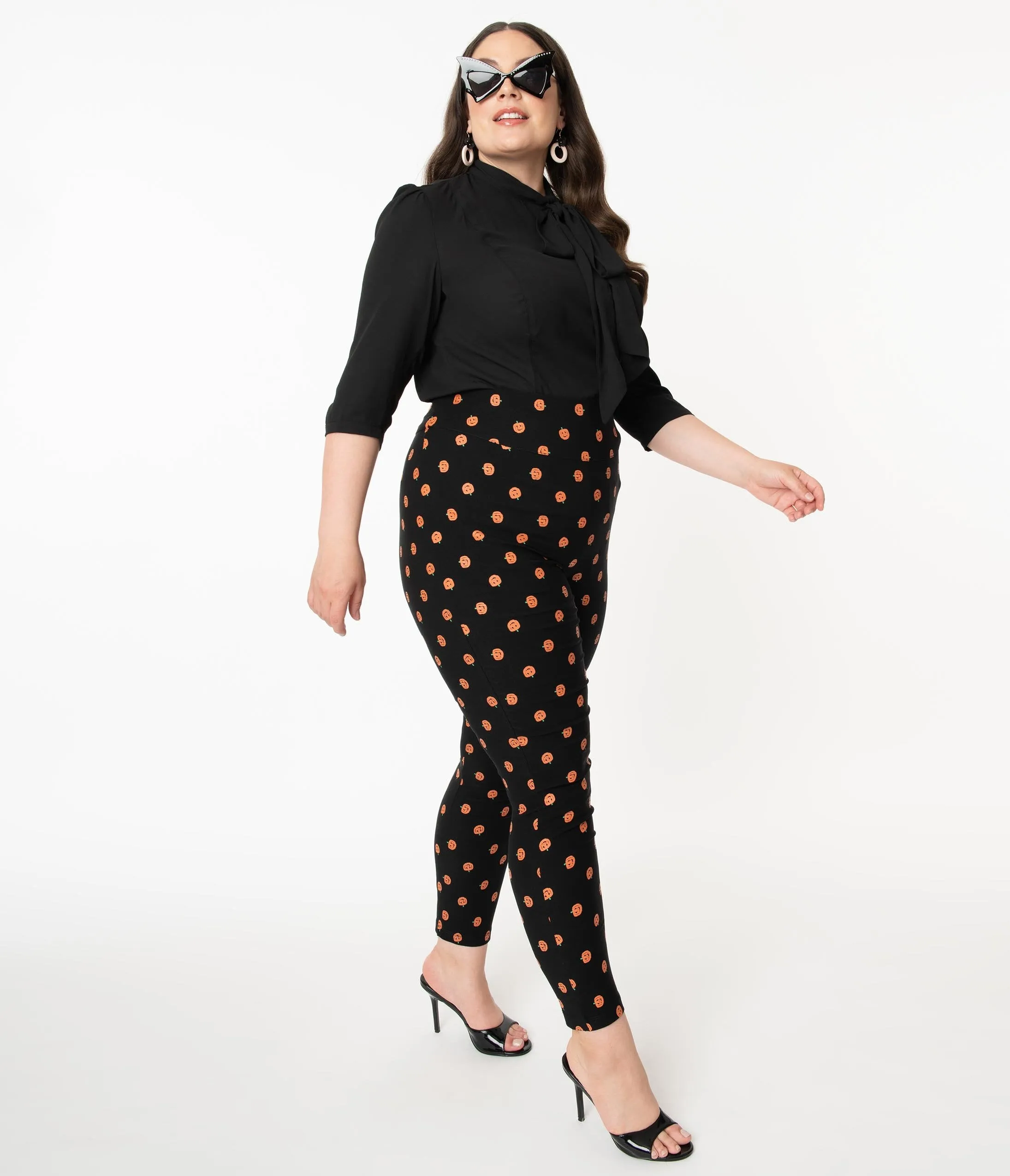 Unique Vintage Plus Size Black & Orange Pumpkin Patch Rizzo Cigarette Pants