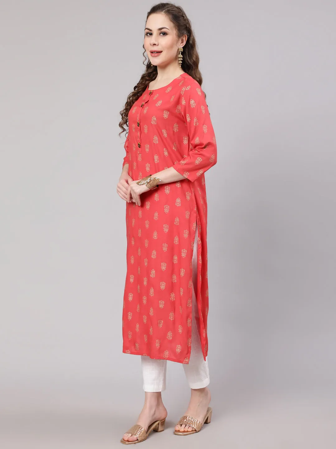 Women Pink Rayon Straight Kurta